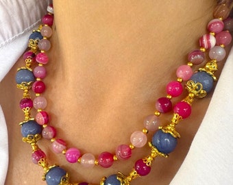 Handmade Pink Agate Aquamarine Necklace, Gold Plated Beaded Jewelry