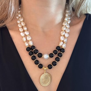 Large Black Onyx Necklace, Natural Pearl Jewelry, Special Gifts for Women, Handmade Black Gemstone Necklace, Gift for Women, Valentine&#39;s Day