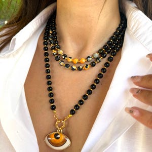 Black Evil Eye Necklace for Her, Agate and Onyx Stone Necklace, Black Gemstone Jewelry, Unique Anniversary Gift, Valentine's Day for Women