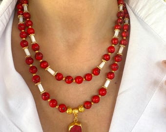 Handmade Red Turquoise & Mother of Pearl Gemstone Necklace