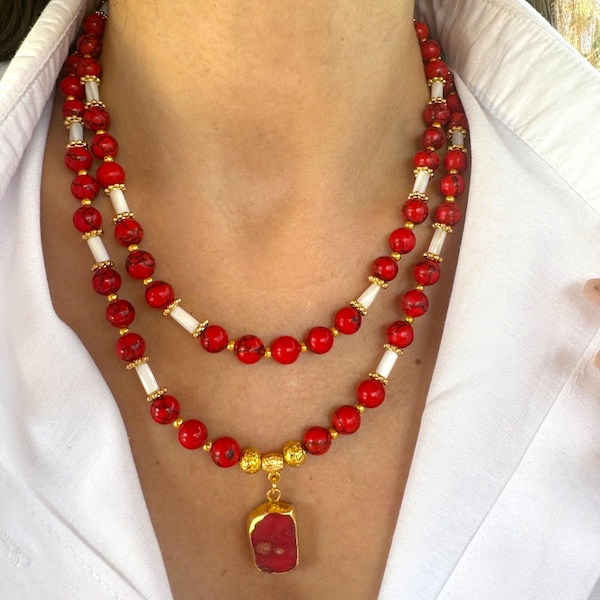 Handmade Red Turquoise & Mother of Pearl Gemstone Necklace