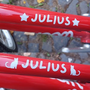Może przedstawiać: Zbliżenie na czerwoną ramę roweru z napisem "JULIUS" w białych literach. Nazwa jest ozdobiona białymi gwiazdami i grafikami kotów. Rama roweru ma żywy czerwony kolor.