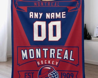 Manta de hockey sobre hielo personalizada de Montreal con nombre y número - Manta personalizada - Regalos de hockey para niños, adultos, jugadores, entrenadores
