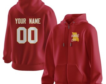 Men&#39;s Custom Football Hoodie, Kansas City Zip Hoodies with Personalized Name Number 3D Print Hooded Sweatshirt Women Youth Fans Gift