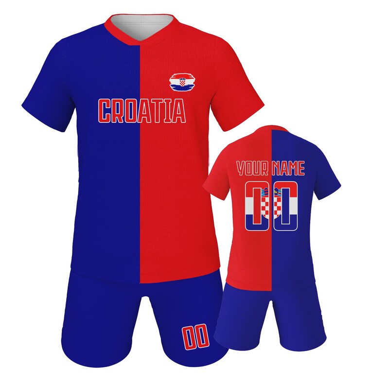 May include: A red and blue Croatia soccer uniform set. The jersey has the word "CROATIA" in white letters. The shorts and jersey have the number "00" in white. The set includes a jersey and shorts.