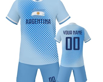 Custom Argentina Kids Soccer Jersey and Shorts Set, Personalized Youth Team Uniform with Printed Name Number, Boys Girls Soccer Lovers Gift