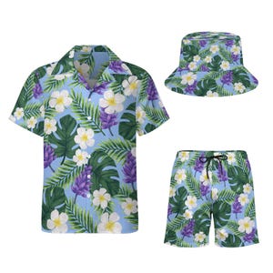 3-delat set med hawaiiskjorta, shorts och hatt för män, tropiskt blommönster, kortärmad, avslappnad strandskjorta, sommarsemesterskjorta