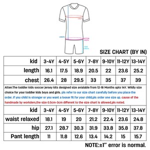 May include: A size chart for toddler soccer jersey kits, with measurements in inches. The chart includes kid sizes from 3-4Y to 13-14Y, detailing length, chest, waist, hip, and pant length. The text also includes a note about sizing.