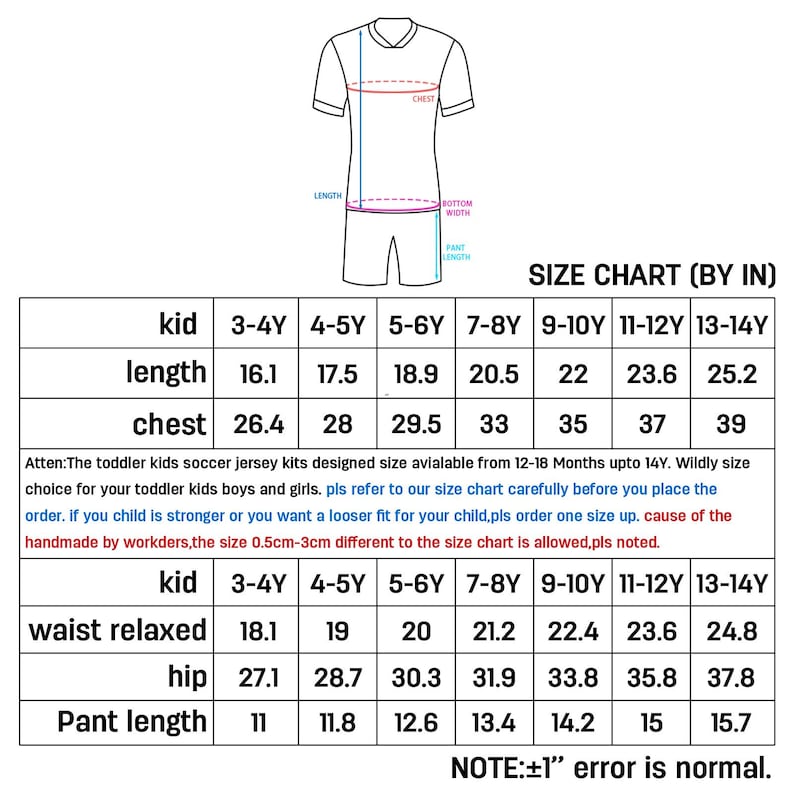 May include: A size chart for toddler soccer jersey kits, with measurements in inches. The chart includes kid sizes from 3-4Y to 13-14Y, detailing length, chest, waist, hip, and pant length. The text also includes a note about sizing.