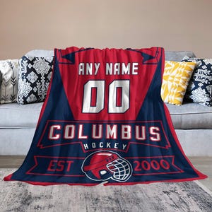 Columbus Custom Ice Hockey Blanket for Boys Girls, Hockey Player Fans Coach Gifts Personalized Name and Number Throw Blanket for Couch Bed