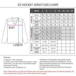 May include: Ice hockey jersey size chart with measurements in inches and centimeters. Includes bust, length, shoulder width, and sleeve length for men, women, and youth sizes. Features include material, jersey details, and fabric properties.