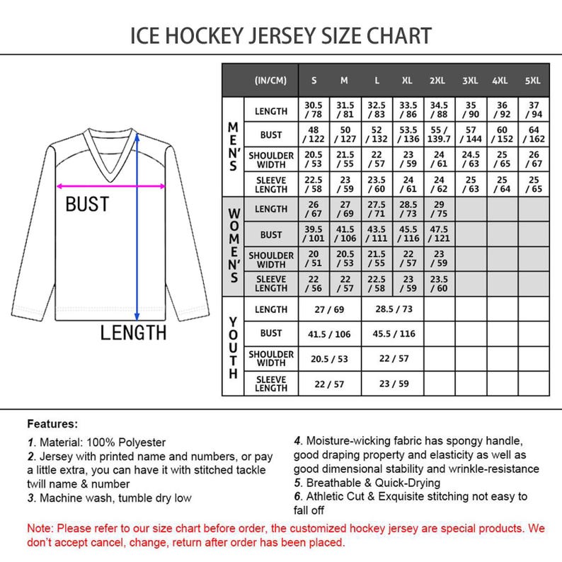 May include: Ice hockey jersey size chart with measurements in inches and centimeters. Includes bust, length, shoulder width, and sleeve length for men, women, and youth sizes. Features include material, jersey details, and fabric properties.