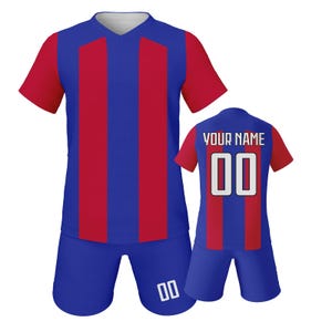 Personalized Kids Soccer Jersey Set, Blue Red Custom Name Number Soccer Kit, Boys Girls Youth Team Soccer Uniform, Soccer Shirt and Shorts