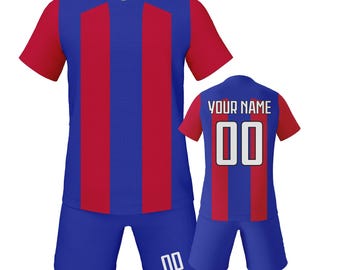 Personligt barnfotbollströja, blåröd anpassad namn- och nummerfotbollsställ, pojkar/flickor/ungdomslagsfotbollsuniform, fotbollströja och shorts