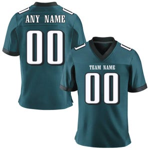 May include: A teal football jersey with black trim on the V-neck and sleeves. The front displays the text TEAM NAME above the number 00 in white with black outlines. The back shows the text ANY NAME above the number 00 in the same style.