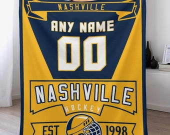 Custom Nashville Hockey Blanket with Name & Number - Personalized Flannel Throw Blankets Bedroom Decor, Hockey Team Gifts for Boys Girls