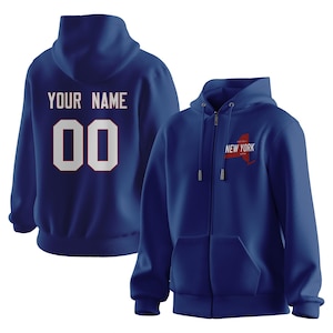 Sweat à capuche New York entièrement zippé personnalisé avec motif carte Sweat-shirt bleu marine de l'équipe de football Nom personnalisé Numéro Fans Cadeau pour homme Femme Jeune