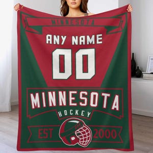 Minnesota Custom Ice Hockey Blanket - Personalized Name & Number Throw Blanket for Boys, Girls, Hockey Players, Fans, Coaches Gift