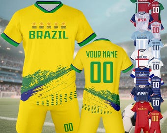 Custom Soccer Jersey for Kids, Personalized Gifts Kids Soccer Uniform Brazil Spain USA France, National Soccer Jersey Shorts Set