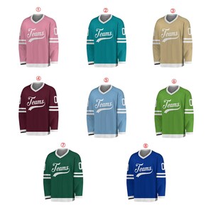 May include: A collection of eight hockey jerseys in various colors, including pink, teal, tan, burgundy, light blue, green, dark green, and blue. Each jersey features the word "Teams" in white script and the number "0".