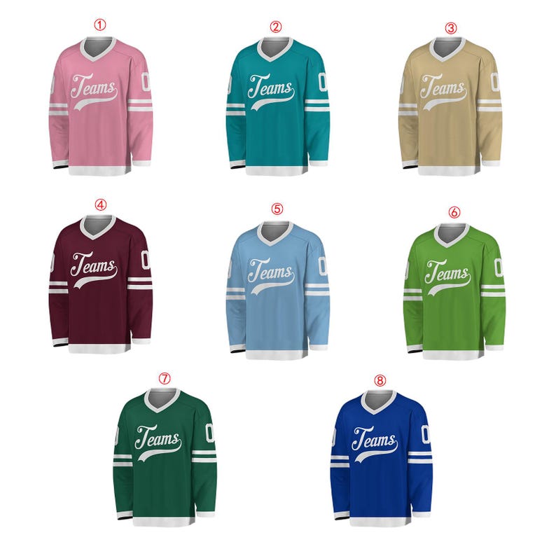 May include: A collection of eight hockey jerseys in various colors, including pink, teal, tan, burgundy, light blue, green, dark green, and blue. Each jersey features the word "Teams" in white script and the number "0".