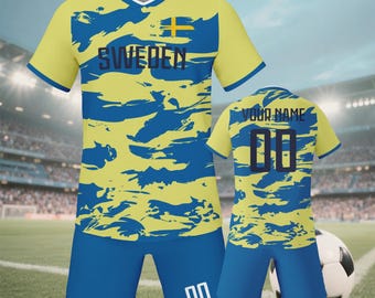 Custom Sweden Soccer Jerseys for Kids Boys Girls Personalized Soccer Team Uniforms with Name Number Soccer Team Shirts Shorts Set