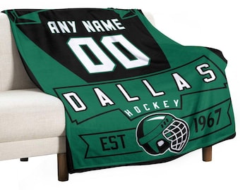 Manta de hockey de Dallas personalizada con nombre y número, manta de franela personalizada para entrenadores, jugadores, fanáticos adolescentes, regalos de equipo de hockey para niños