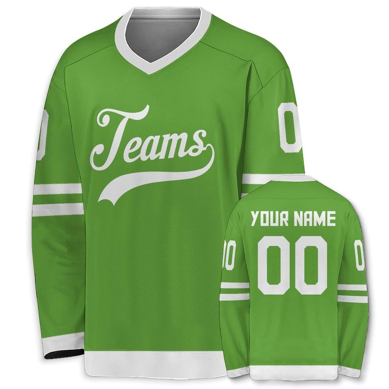 May include: A green hockey jersey with white accents, featuring the word "Teams" in a script font on the front. The jersey has white stripes on the sleeves and the number "0" on the sleeves and back. The back also has the text "YOUR NAME" above the number "00".