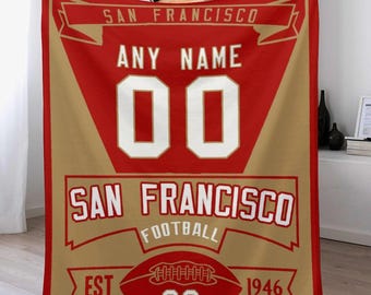 Gepersonaliseerde voetbaldeken San Francisco, aangepaste naam en nummer dekens, teamstijlcadeau voor kinderen volwassenen, decoratie slaapkamerbank