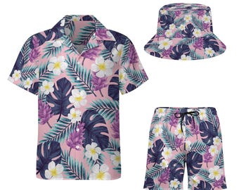 3Pcs Tropical Hawaiian Shirt Shorts and Bucket Hat Set, Men's Summer Beach Outfit Vacation Clothes with Floral Print, Men's Casual Shirt