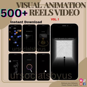 Puede incluir: Gráfico promocional con el texto "VISUAL ANIMATION 500+ REELS VIDEO VOL. 1 Descarga instantánea". La imagen presenta varias maquetas de teléfonos inteligentes con gráficos animados. La parte inferior de la imagen tiene el texto "ursocialsbyus."