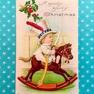Carte postale de Noël vintage Bébé oncle Sam équitation hobby cheval à bascule A Goody Goody Christmas