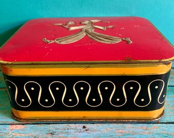 Vintage Tea Tin Mid Century Design with Embossed Blackamoor Wearing Fez and Carrying Tray Western Germany