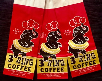 3 Vintage NOS Coffee Bags 3 Ring Coffee with Elephant Graphics Unused Old Stock