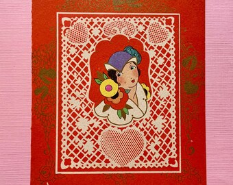 Vintage Unused Valentines Day Card Pretty Girl Framed in Lace