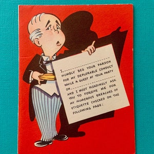 Vintage sin usar lo siento por mi mal comportamiento en la fiesta tarjeta de felicitación borracho disculpa Novo risa rellenar los espacios en blanco