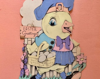 Large Vintage Easter Card with Anthropomorphic Chick with a Dress On