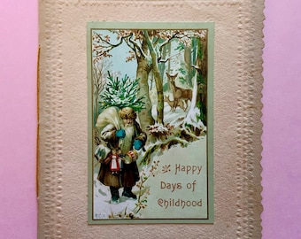 Vintage Christmas Booklet Card with Old World Santa and Story of Jesus Happy Days of Childhood Unsigned