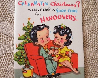 Vintage Unused Christmas Card Kitschy Hangover Drunk with Pink Bullet Bra Risque Humor Novo Laugh