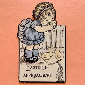Vintage Paaskaart Kind Kussen Baby Chick Schoen Advertentie
