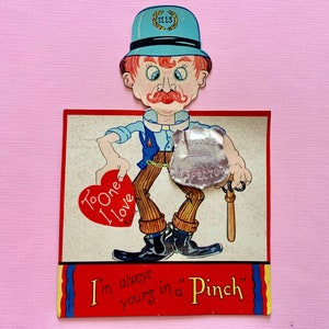 Large Vintage Valentines Day Card Goofy Red Headed Police Inspector with Foil Badge