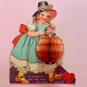 Vintage Valentines Day Card Girl with Pretty Dress Holding Honeycomb Japanese Lantern