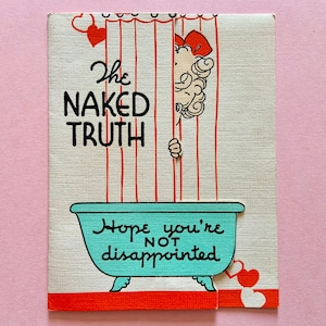 Vintage Valentinstagskarte Nicht nacktes Mädchen in Krallenfuß Badewanne hinter Duschvorhang