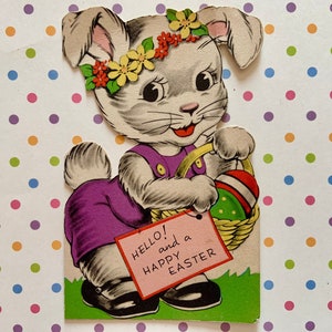 Carte de voeux de Pâques vintage Lapin anthropomorphe avec panier de Pâques