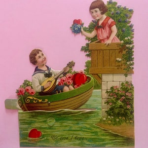 Große Vintage Mechanische Valentinstagskarte Junge Serenades Mädchen von Schaukelboot