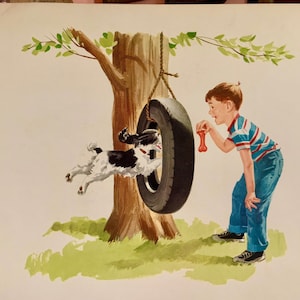 Grande Vintage 1950s Póster de doble cara Tamaño Sally Dick and Jane School Classroom Wall Hanging from Our Big Book Jump Spot