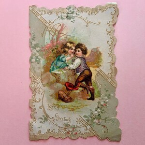 Vintage Unused Valentines Day Card Girl Whispering Secret in Boy&#39;s Ear