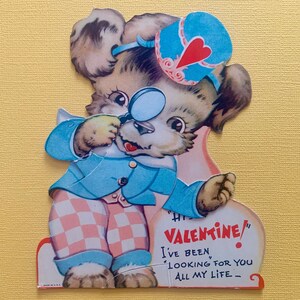 Vintage Mechanical Valentines Day Card Anthropomorphic Dog with Magnifying Glass