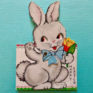 Biglietto di auguri di Pasqua meccanico vintage Coniglietto antropomorfo con occhi mobili