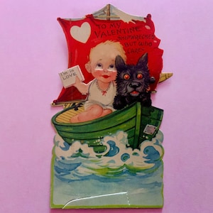 Vintage mechanische Valentinstagskarte Schiffbrüchiger Junge und Hund im Ruderboot